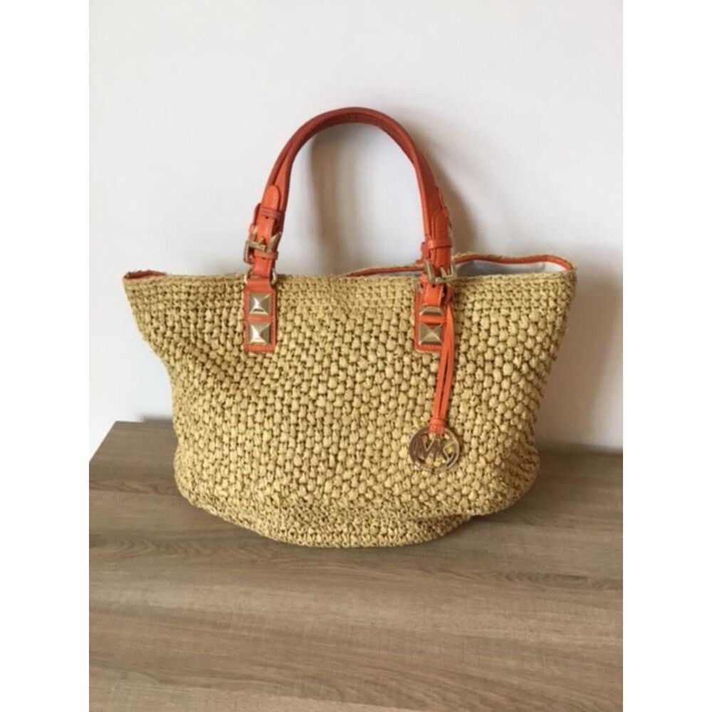MICHAEL Michael Kors Santorini Raffia and Orange Leather Basket Tote Bag.